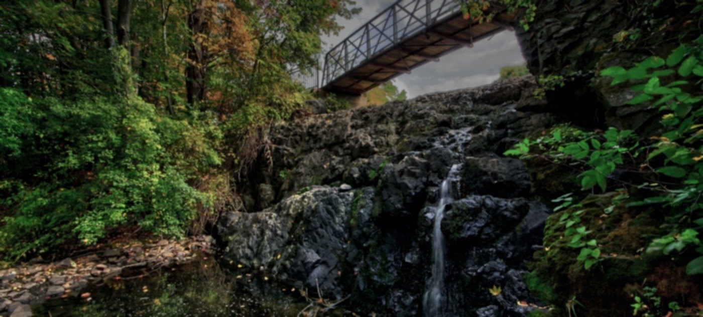 View of bridge and waterfall