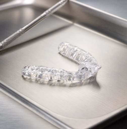 Clear nightguard for teeth grinding on metal tray