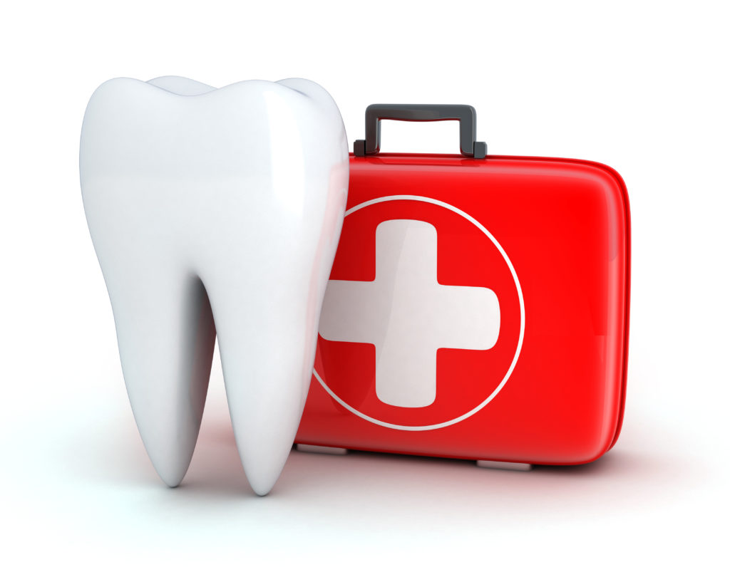 Tooth and first-aid kit symbolizing a dental emergency